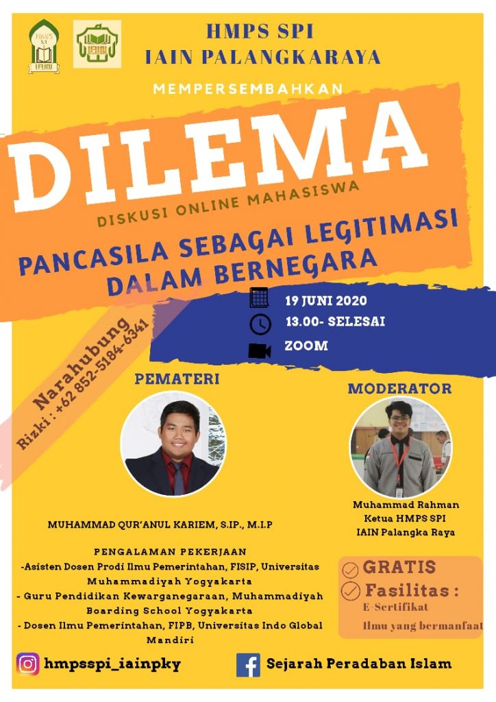 DISKUSI ONLINE: Meriahkan Bulan Pancasila, Himpunan Mahasiswa Program Studi (HMPS) SPI Adakan Diskusi Online